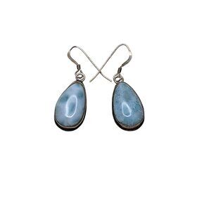 Vintage Genuine Larimar Teardrop Dangle Earrings 925 Sterling Silver Ear Wires